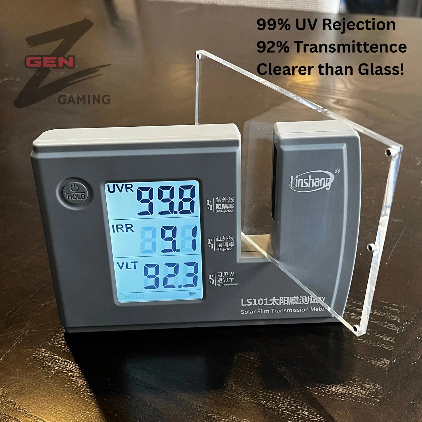 An acrylic panel in an UVR tester showcasing a high UV Rejection rate of over 99 percent.