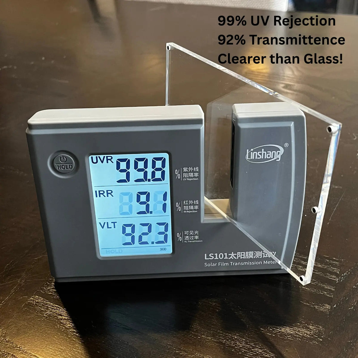 An acrylic panel in an UVR tester showcasing a high UV Rejection rate of over 99 percent.