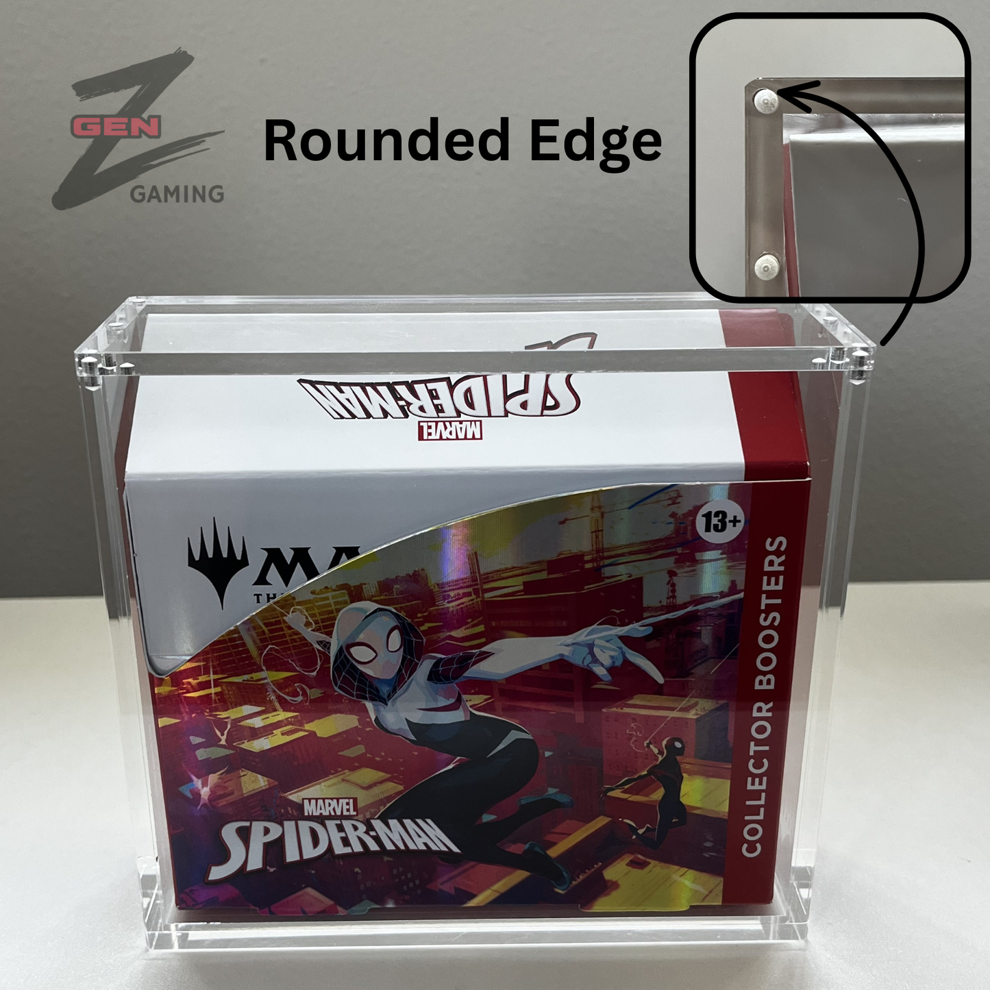 A clear acrylic card display stand holding a Marvel Spider-Man collector booster box, shown against a light gray background with a diagram indicating the rounded edge design.