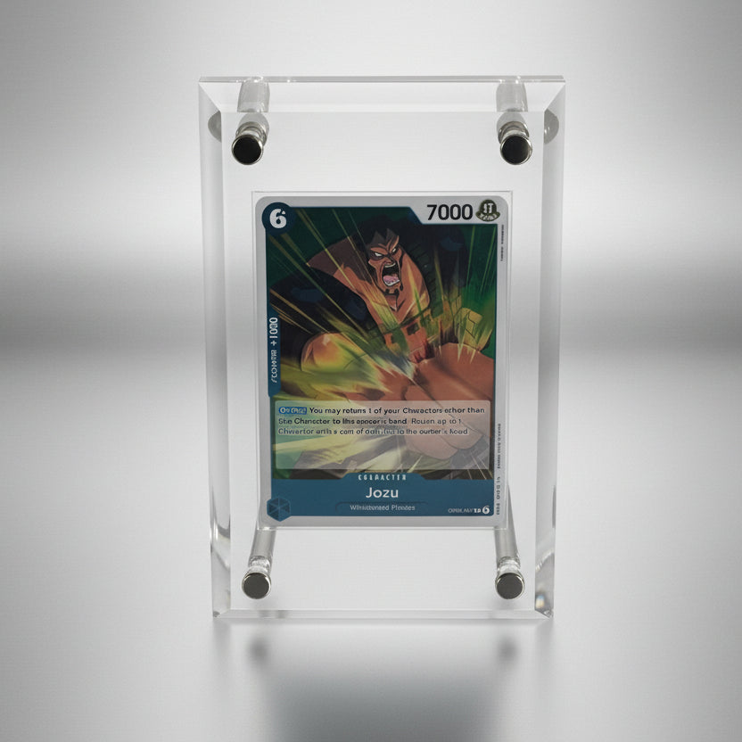 A One Piece TCG card displayed in a clear protective acrylic screwdown case.