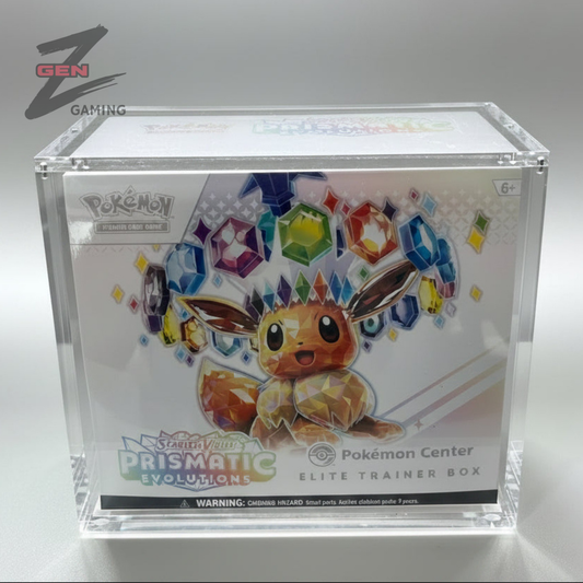 Pokémon Center Prismatic Evolutions Elite Trainer Box featuring Eevee on Display in an acrylic protective case by GenZGaming, against a white background.