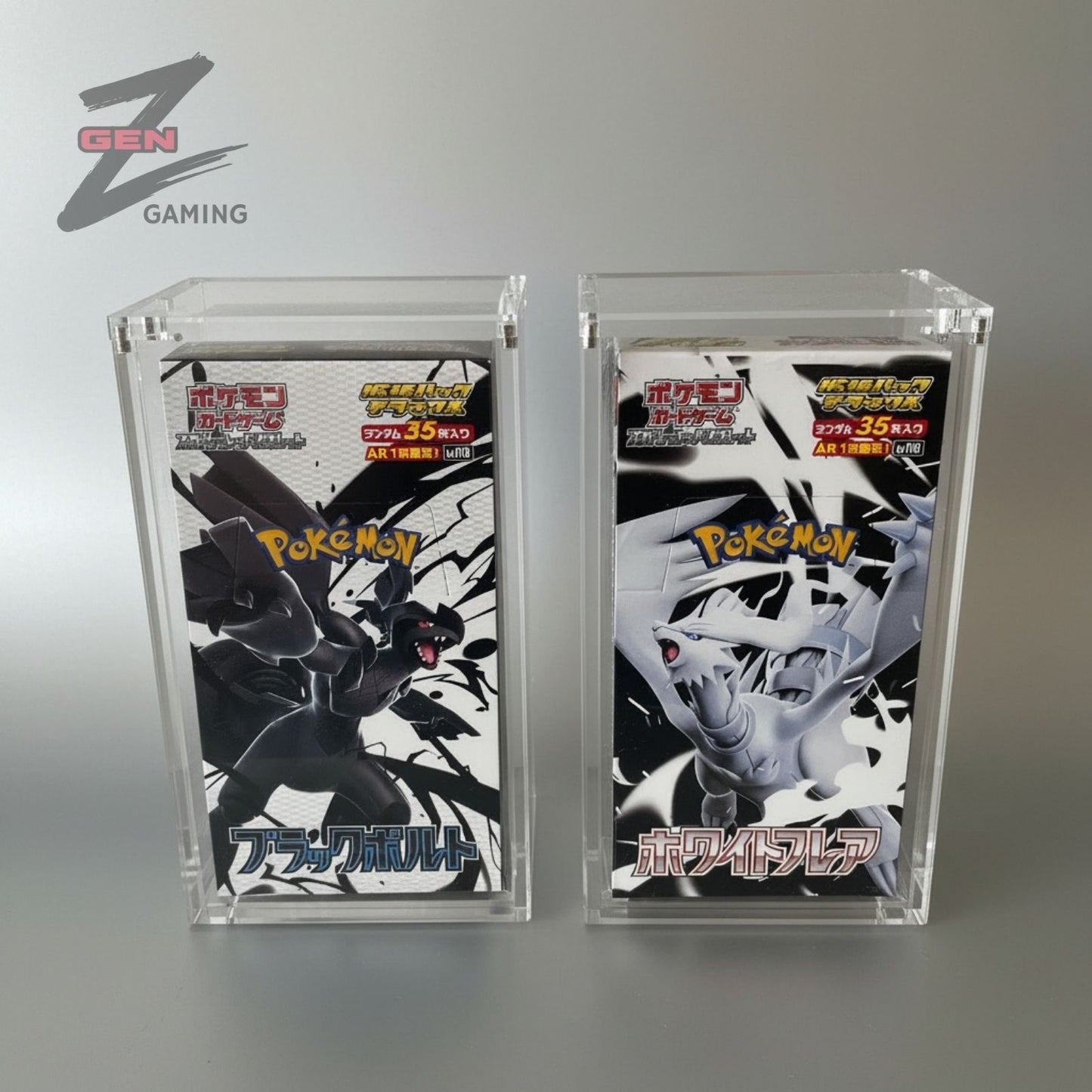 Japanese Pokémon sets Black Bolt and White Flare in acrylic display boxes against a silver background.
