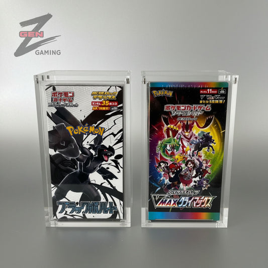 Two Japanese high class Pokémon trading card Booster boxes in clear protective cases on a white background
