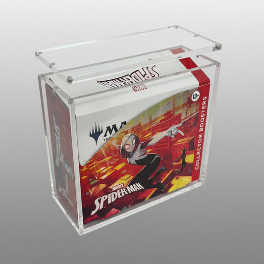 MTG Magic Spider-Man Collector Booster trading card box being placed inside an acrylic case