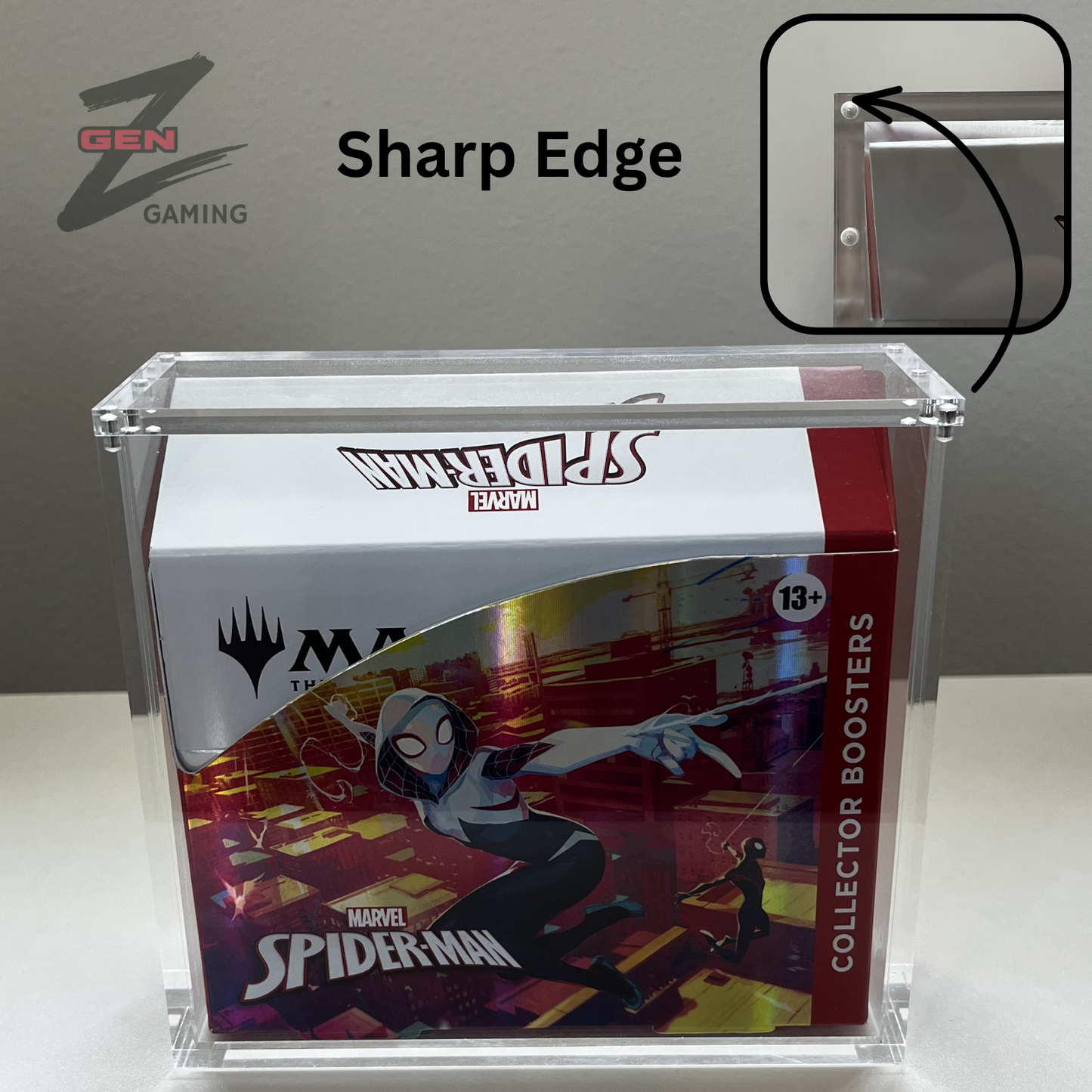 A Magic the Gathering MTG Spider-Man collector booster box displayed inside a clear acrylic stand, with a close-up inset showing the sharp edge of the acrylic. The box features Spider-Gwen artwork and a red side panel labeled 'Collector Boosters'.