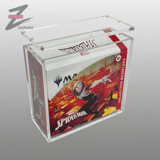 MTG Magic Spider-Man Collector Booster trading card box being placed inside an acrylic case