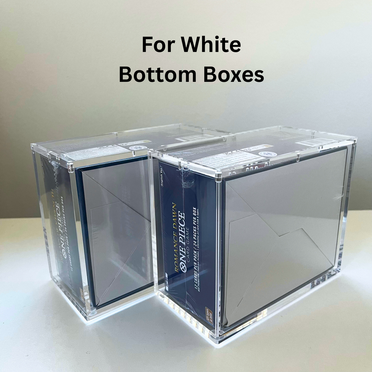 Two clear acrylic gaming bottom boxes with dark blue inserts, shown on a light surface against a neutral background. Text at the top reads 'For White Bottom Boxes' and the GEN GAMING logo appears in the upper left.