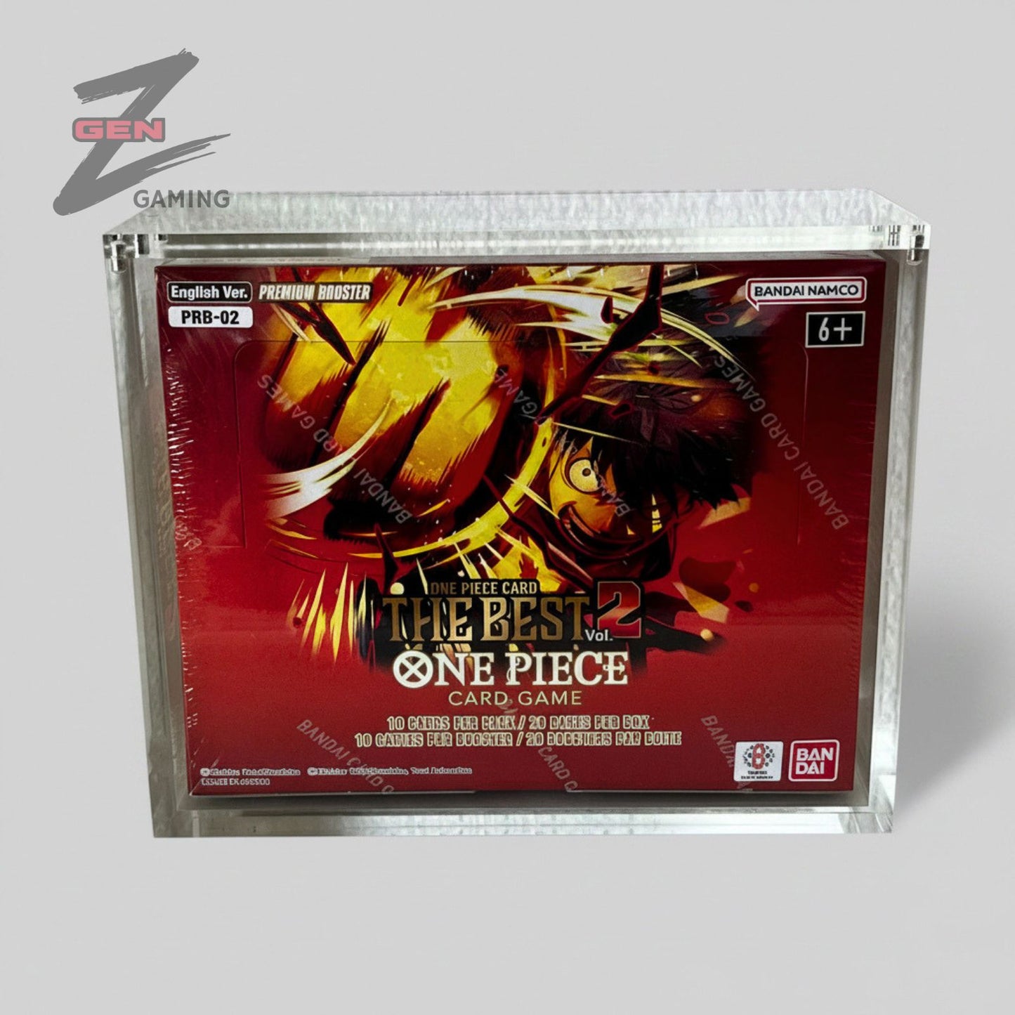 One Piece card game packaging in a clear display case on a white background