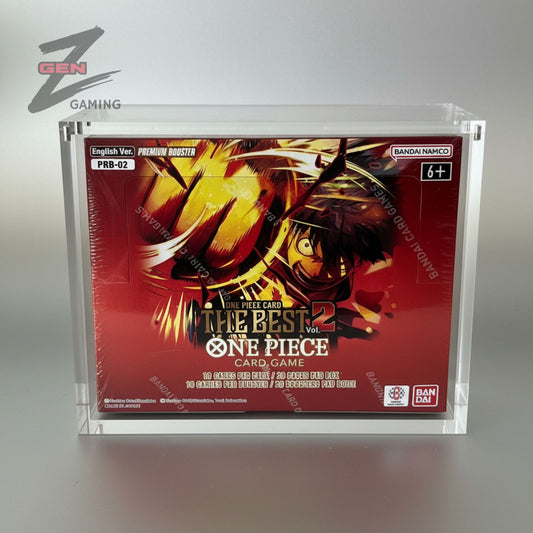 One Piece card game packaging in a clear display case on a white background