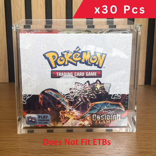 A Pokemon Booster Box displayed inside a clear acrylic case with UV resistant properties. 