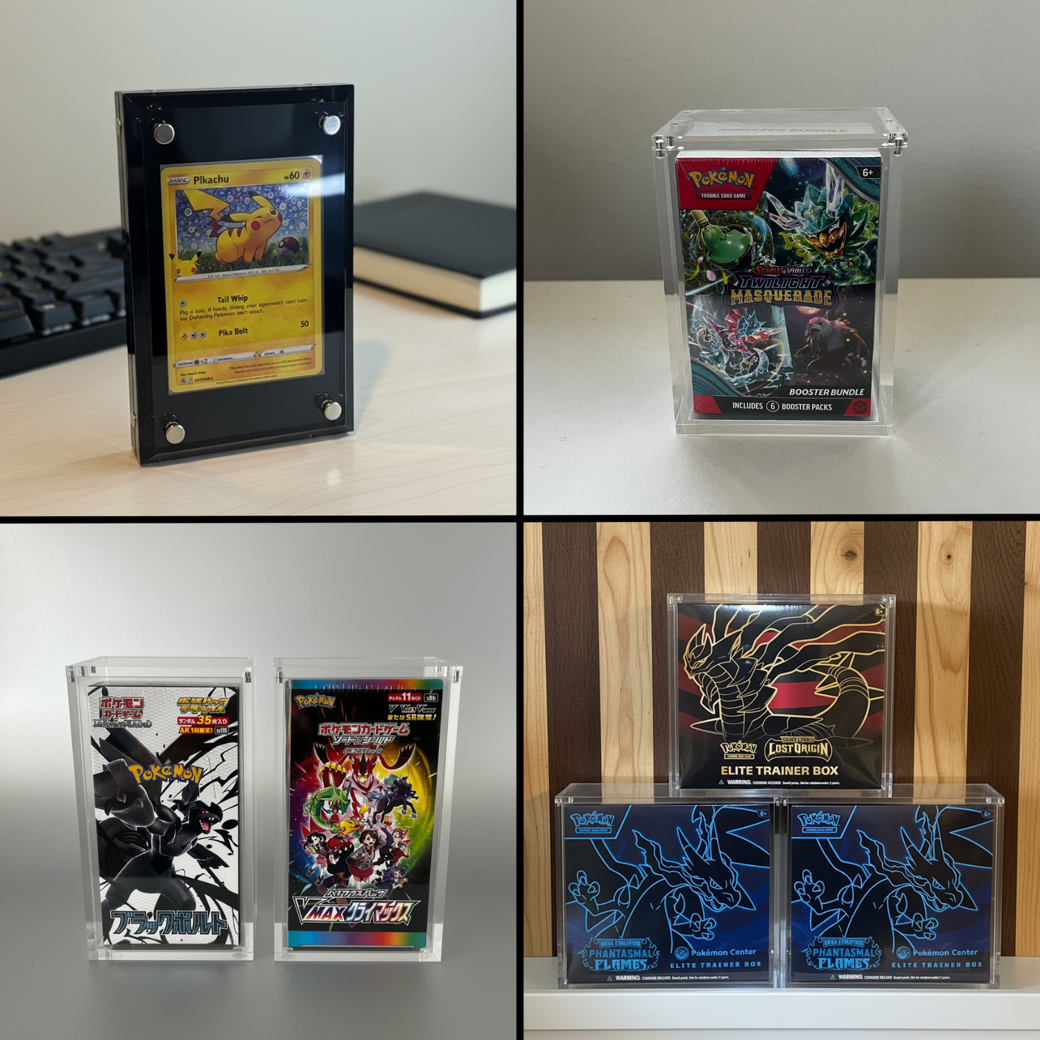 A 2x2 collage showing four clear acrylic display cases containing Pokémon trading card products: a black case with a yellow card, a clear case with colorful character art, two blue Elite Trainer Box cases, and two vertical clear cases with black-and-white and multicolor card designs.