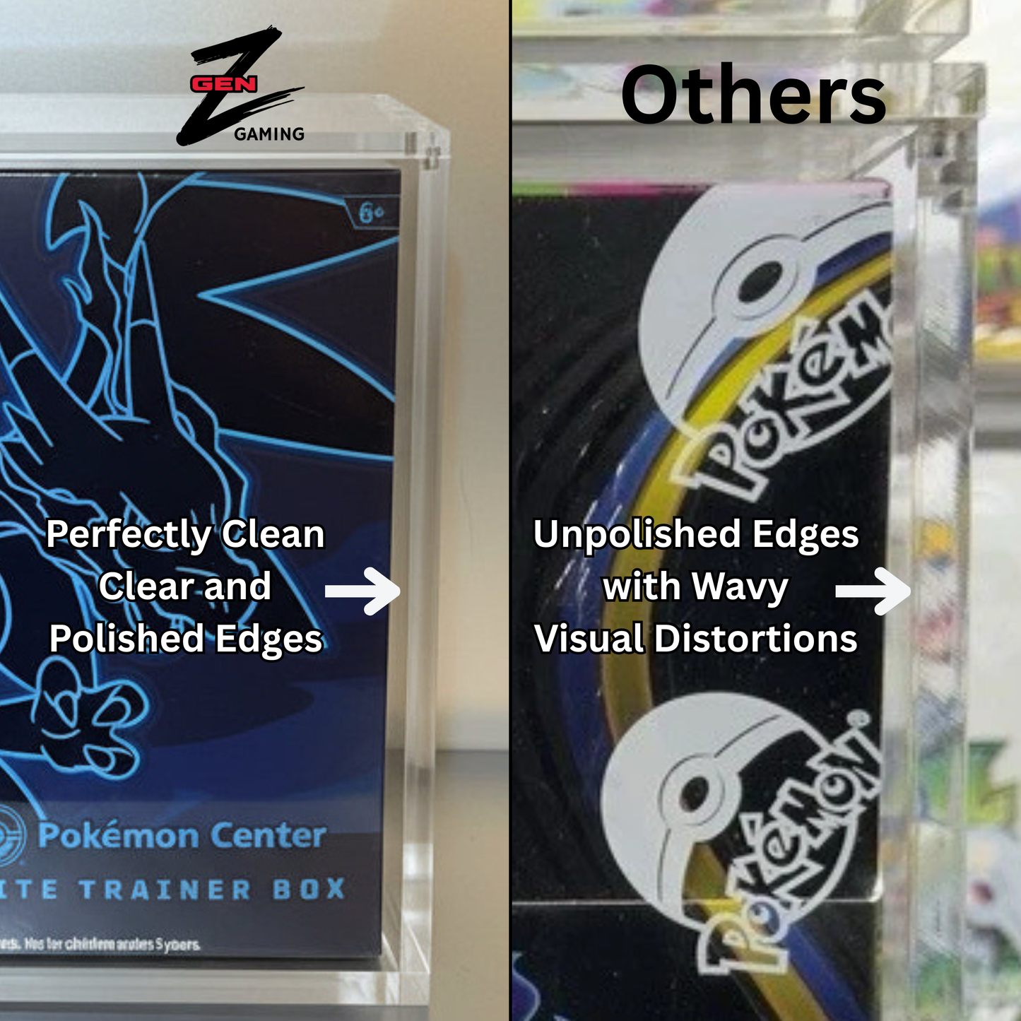 A split comparison showing two Pokémon acrylic display cases side by side. The GenZGaming Case on the left features a perfectly clear case with polished edges, while right displays other Pokémon Acrylic cases with visible wavy visual edge distortions.