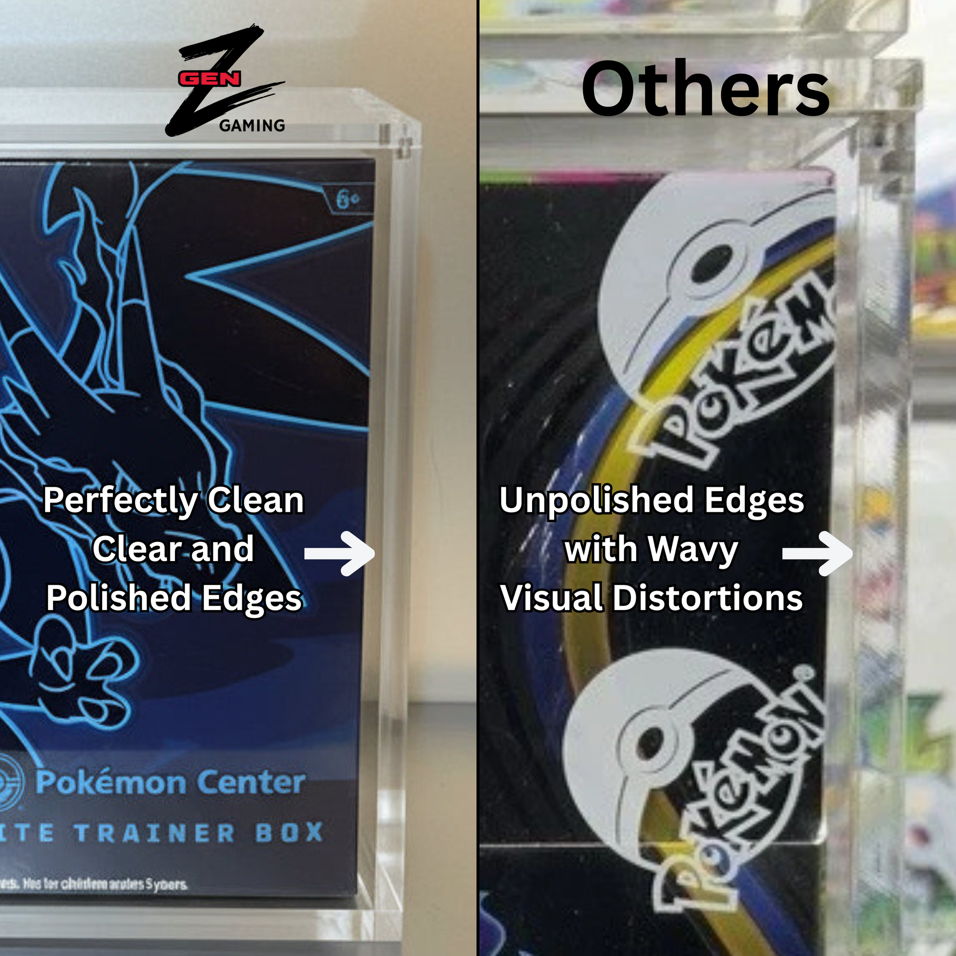 A split comparison showing two Pokémon acrylic display cases side by side. The GenZGaming Case on the left features a perfectly clear case with polished edges, while right displays other Pokémon Acrylic cases with visible wavy visual edge distortions.