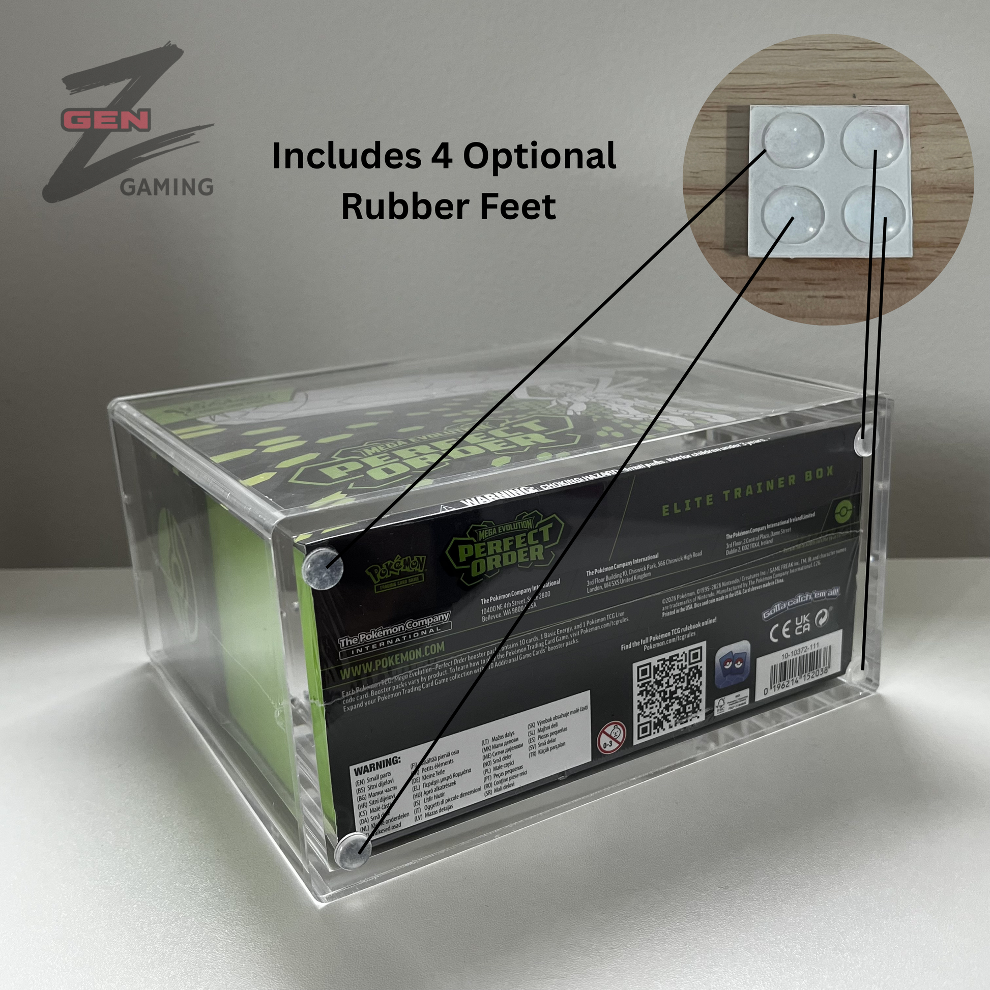 A Pokemon Perfect Order ETB Elite Trainer Box on display inside an acrylic protective case with optional rubber feet that you can stick on to add friction to the bottom.