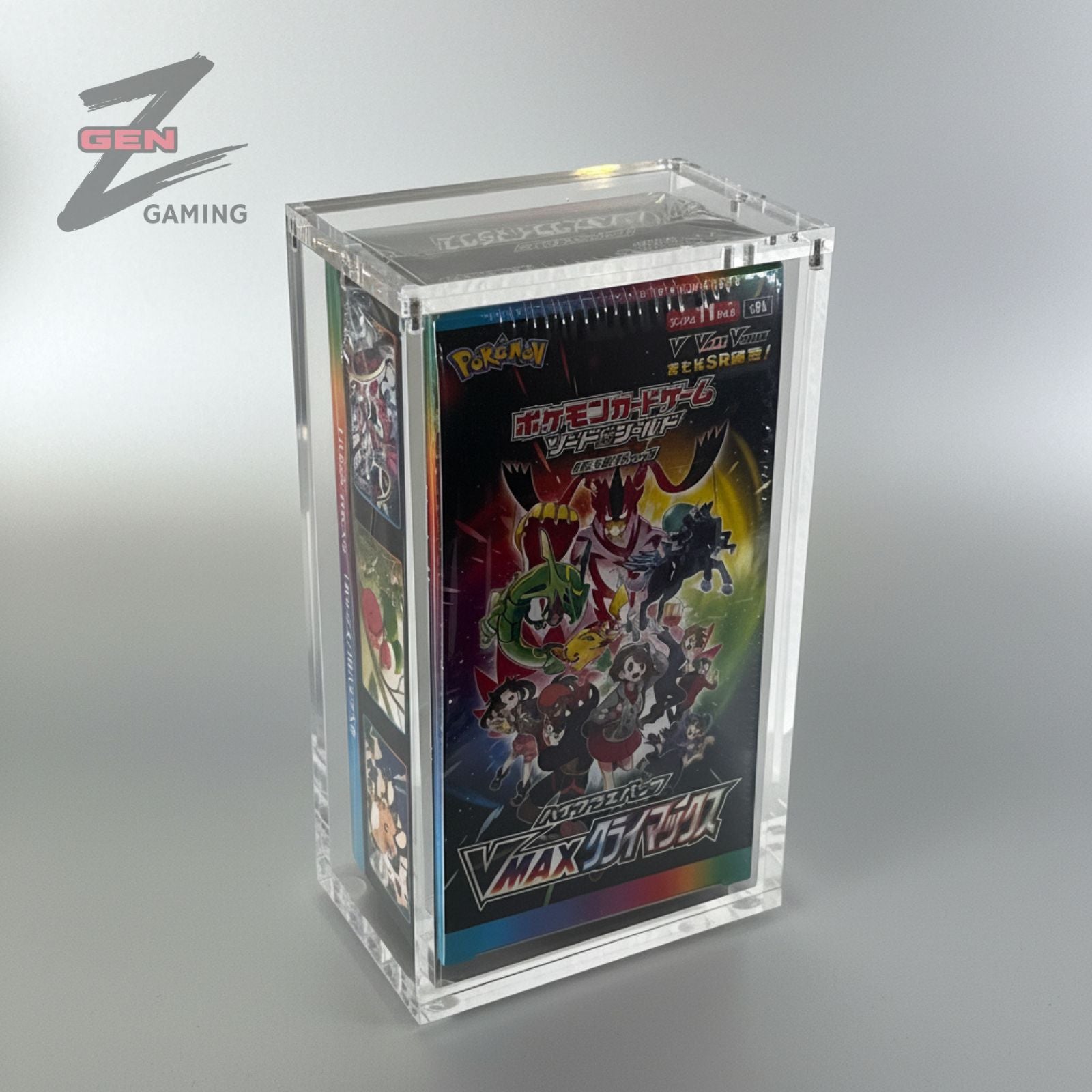 Japanese VMAX booster box displayed in a protective acrylic case against a silver background.
