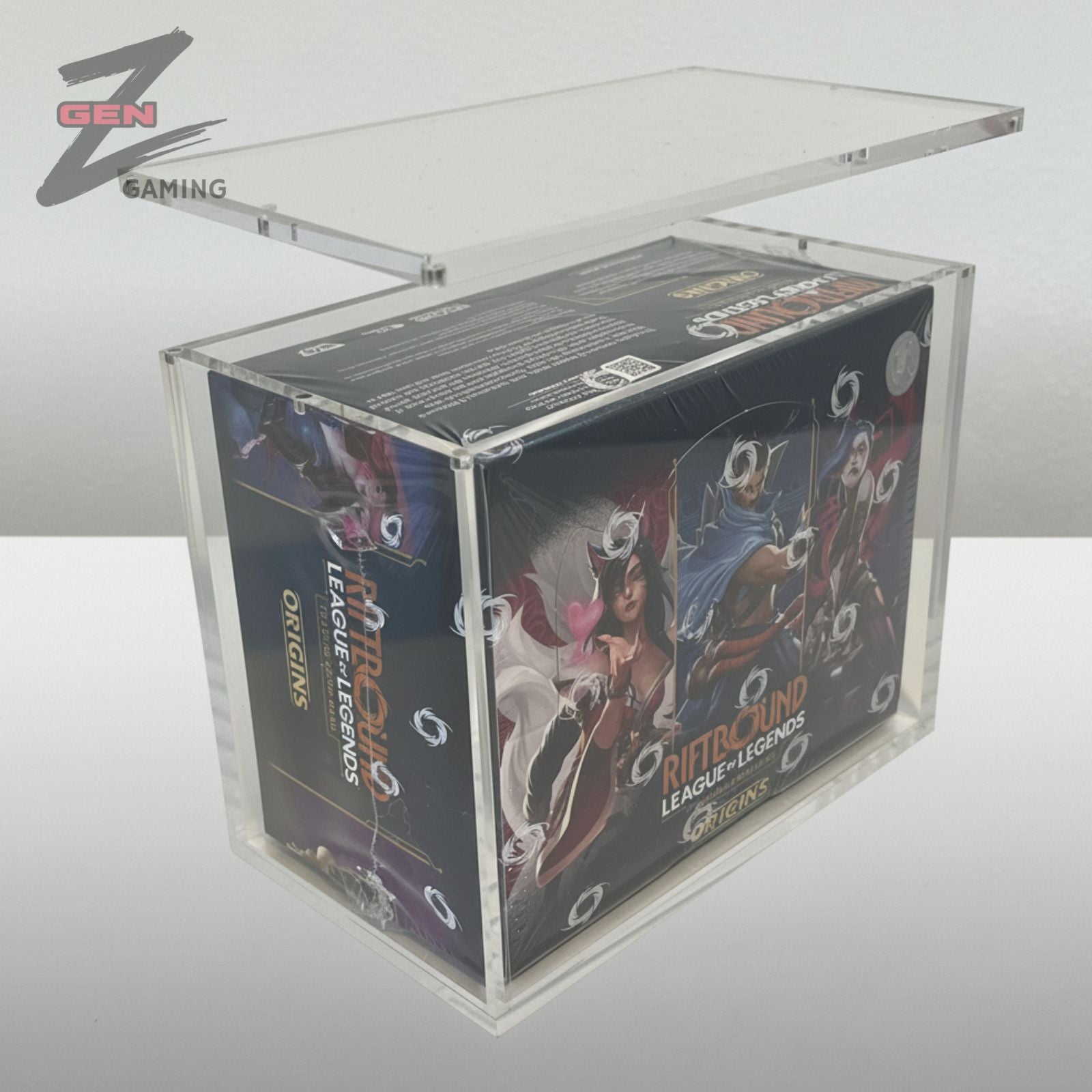 Riftbound Origins Booster box on display in a clear acrylic lid on a neutral background