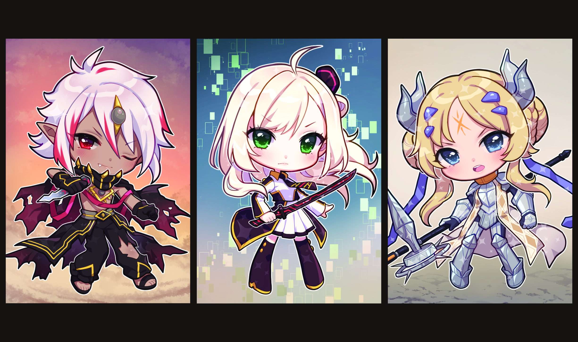 Chibi art sleeves featuring the characters Fallen of Albaz, Sky Striker Ace Raye, and Ecclesia from the yugioh franchise.