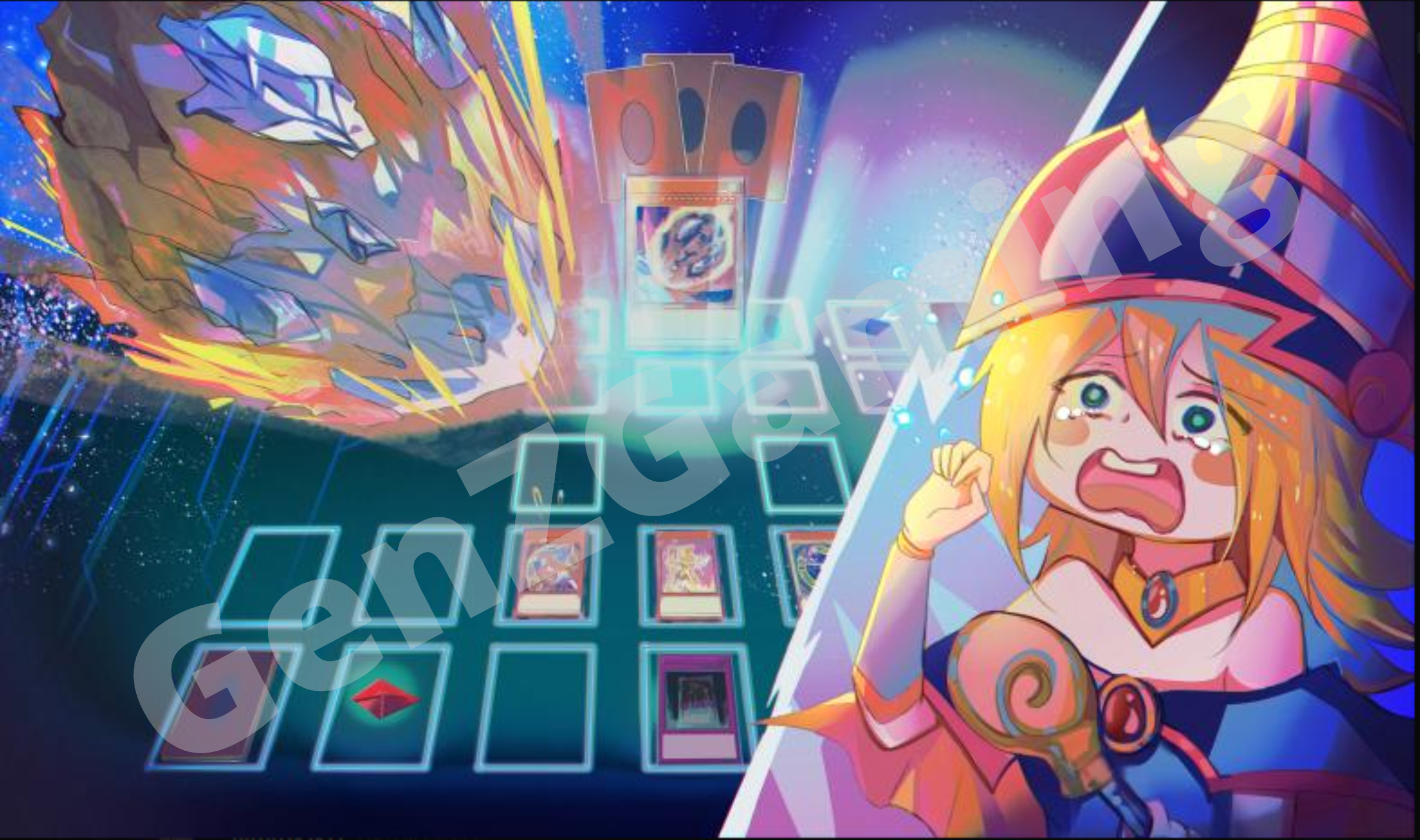 A playmat art featuring Dark Magician Girl and Nibiru the Primal Being.