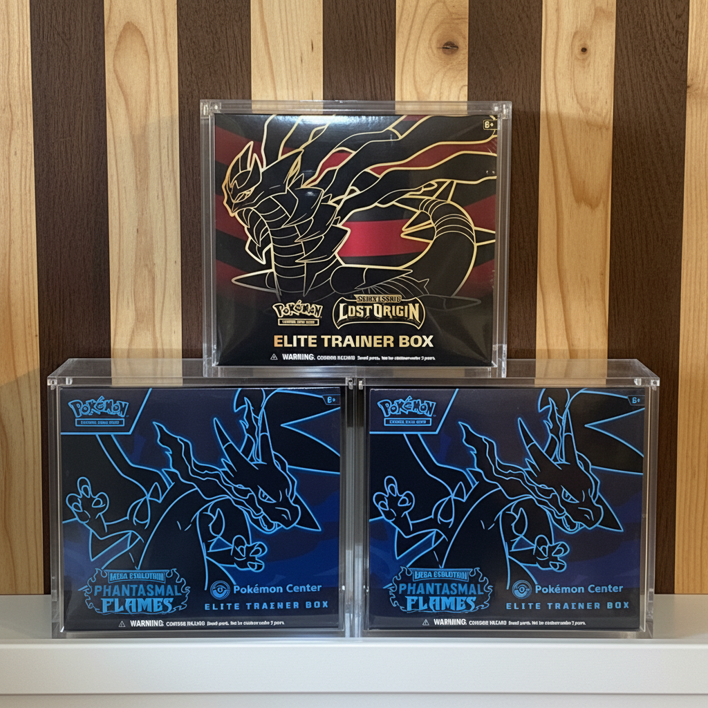 Pokemon ETB Acrylic Cases with Wooden Wall Background